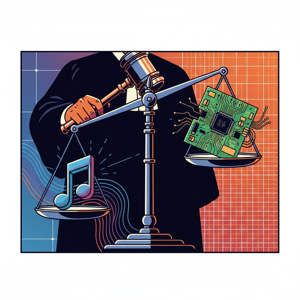 Dynamic illustration depicting legal scales balancing a musical note on one side and a digital circuit board on the other, representing copyright and AI. A judge's gavel is in the background. Style: modern, high contrast. No visible text.