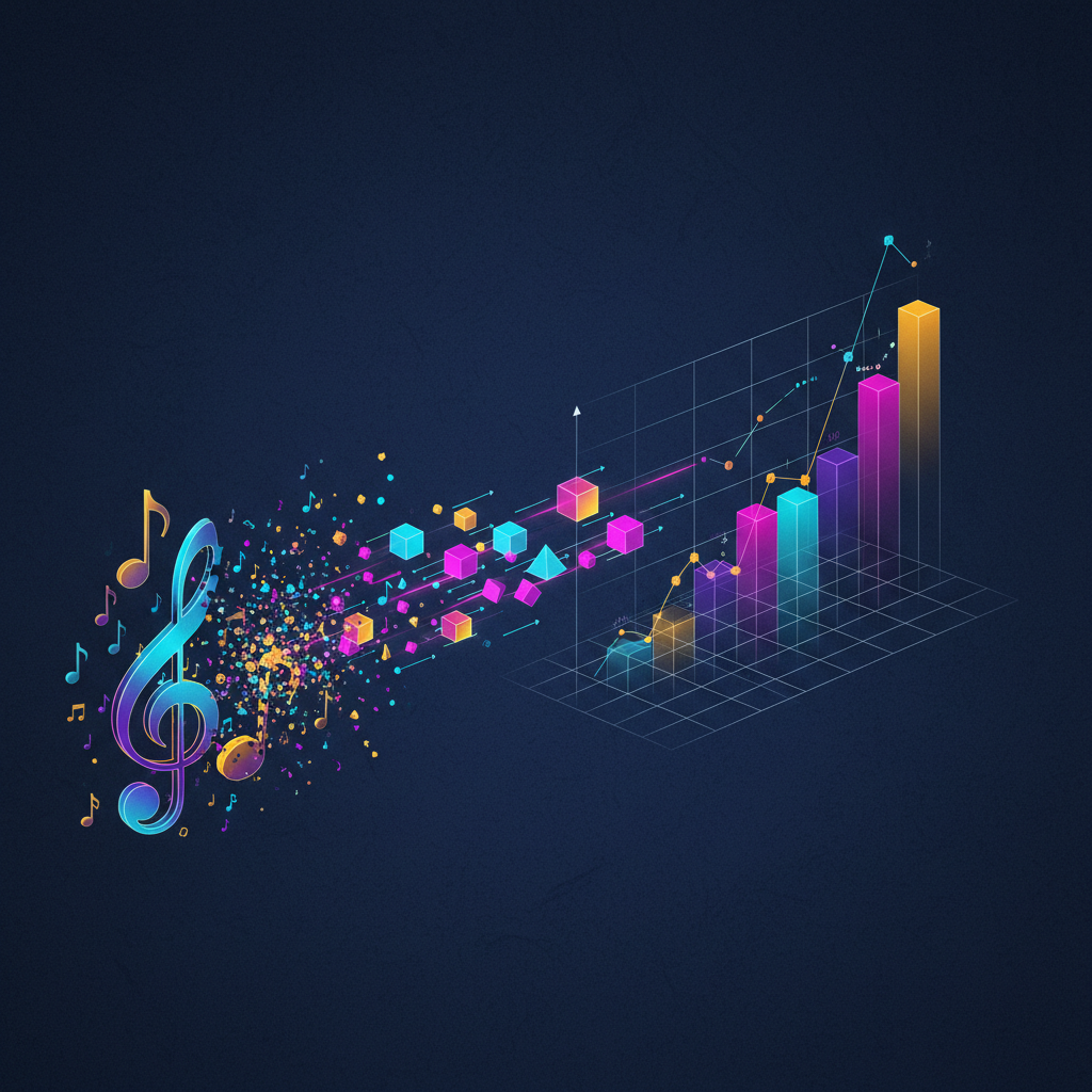 A visually rich infographic showing abstract musical notes transforming into data points and moving towards a chart graph, emphasizing calculation and changing metrics, modern layout, high contrast, textured background, no text, aspect ratio 4:3
