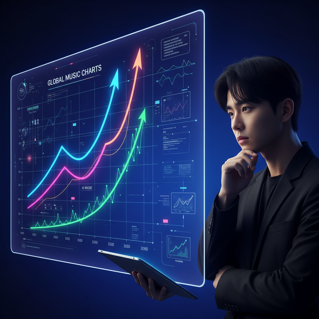 A dynamic infographic showing music charts with upward trending lines, subtly indicating AI music's rapid rise. A Korean musician looks on with a contemplative expression. Style: clean infographic, modern layout, high contrast. No text.