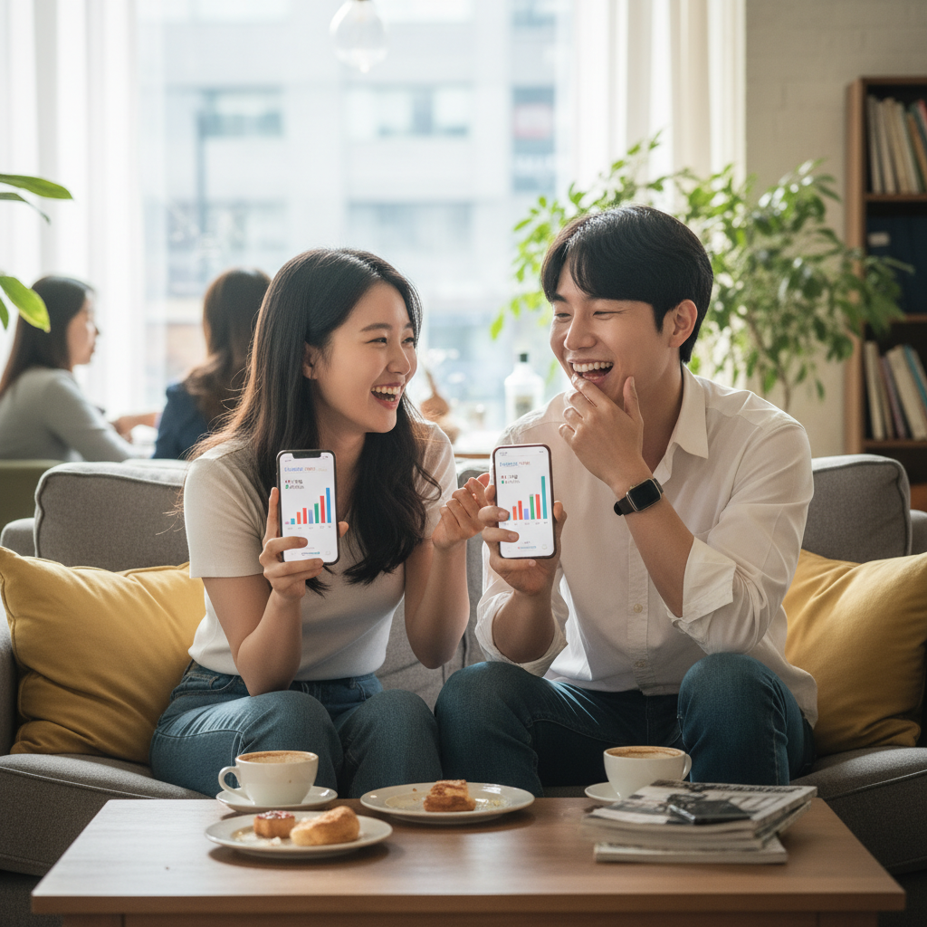 Two Korean friends laughing and interacting while comparing their music quiz results on their phones. The atmosphere is casual and friendly, with warm lighting and a natural setting. Lifestyle photography style. No text.