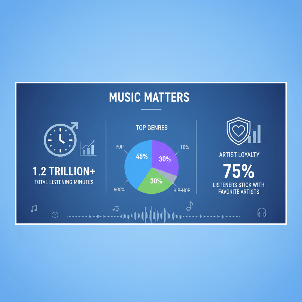 A clean infographic illustrating various music statistics like total listening minutes, top genres, and artist loyalty in a visually engaging way. The design uses modern icons and a balanced layout with a subtle gradient background. No visible text in image.