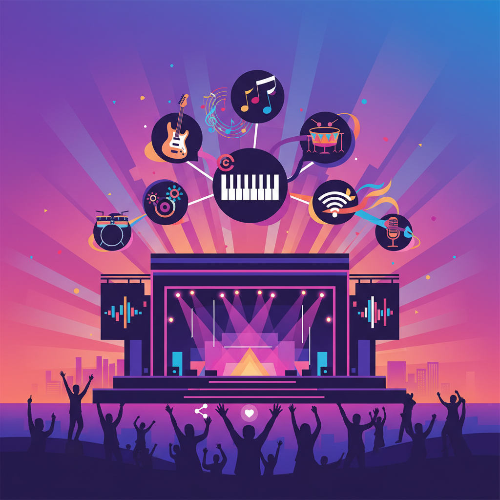 A vibrant and energetic illustration of a personalized music festival poster, showing a stage with dynamic lighting and abstract representations of diverse music genres. The poster should have a festive, celebratory feel, with elements suggesting sharing on social media. Clean infographic, modern layout, high contrast. Gradient background with energetic colors, minimal empty space. No text.