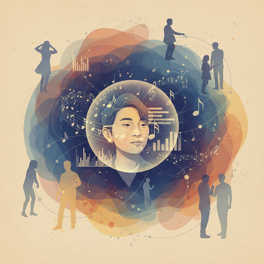 An abstract, artistic illustration depicting a harmonious blend of music notes, data visualizations, and human connection elements. A Korean person is looking thoughtfully at a glowing sphere representing their music journey, surrounded by subtle connections to other people. Style: illustration, artistic rendering, textured background. No text.