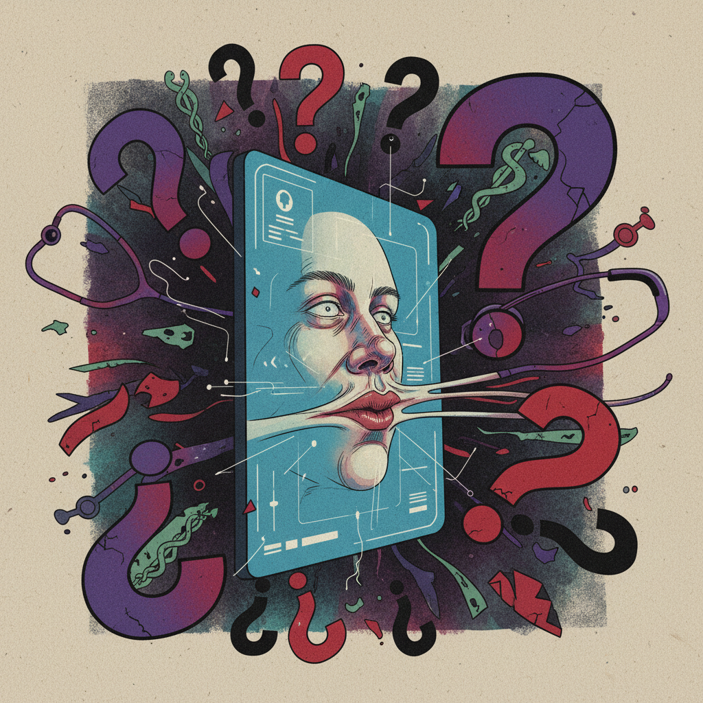 An illustration of a person's face being digitally manipulated on a screen, with question marks around it, signifying doctor impersonation and its serious implications. Textured background, artistic rendering. No visible text.