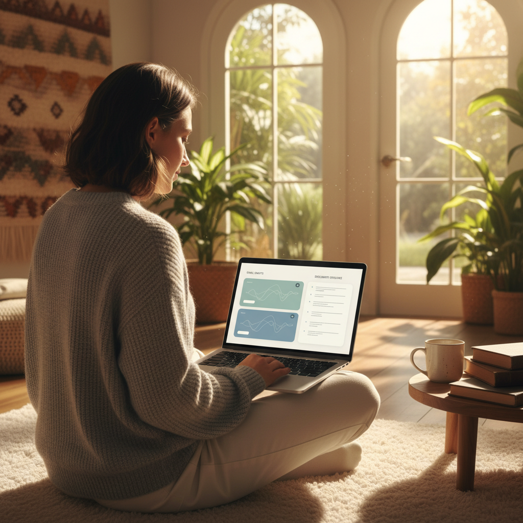 A realistic depiction of a person using a laptop, with a clean interface showing AI-generated email drafts and document outlines on screen, warm lighting, natural setting, textured background, no visible text in image.