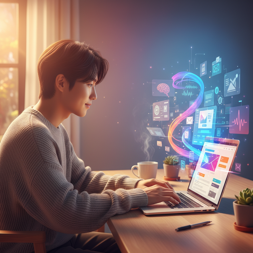 A vibrant lifestyle scene showing a Korean person efficiently managing emails on a laptop with abstract AI assistant elements hovering, warm lighting, gradient background, no text, 4:3 aspect ratio