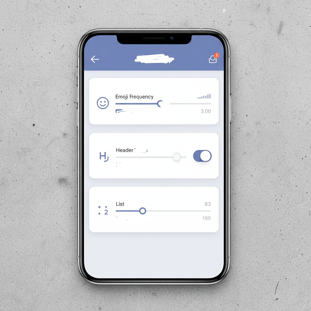 A mobile phone screen displaying ChatGPT app settings, with options to adjust emoji frequency, header usage, and list formatting. The interface is clean and user-friendly, with slider controls, on a textured background, no visible text, aspect ratio 1:1