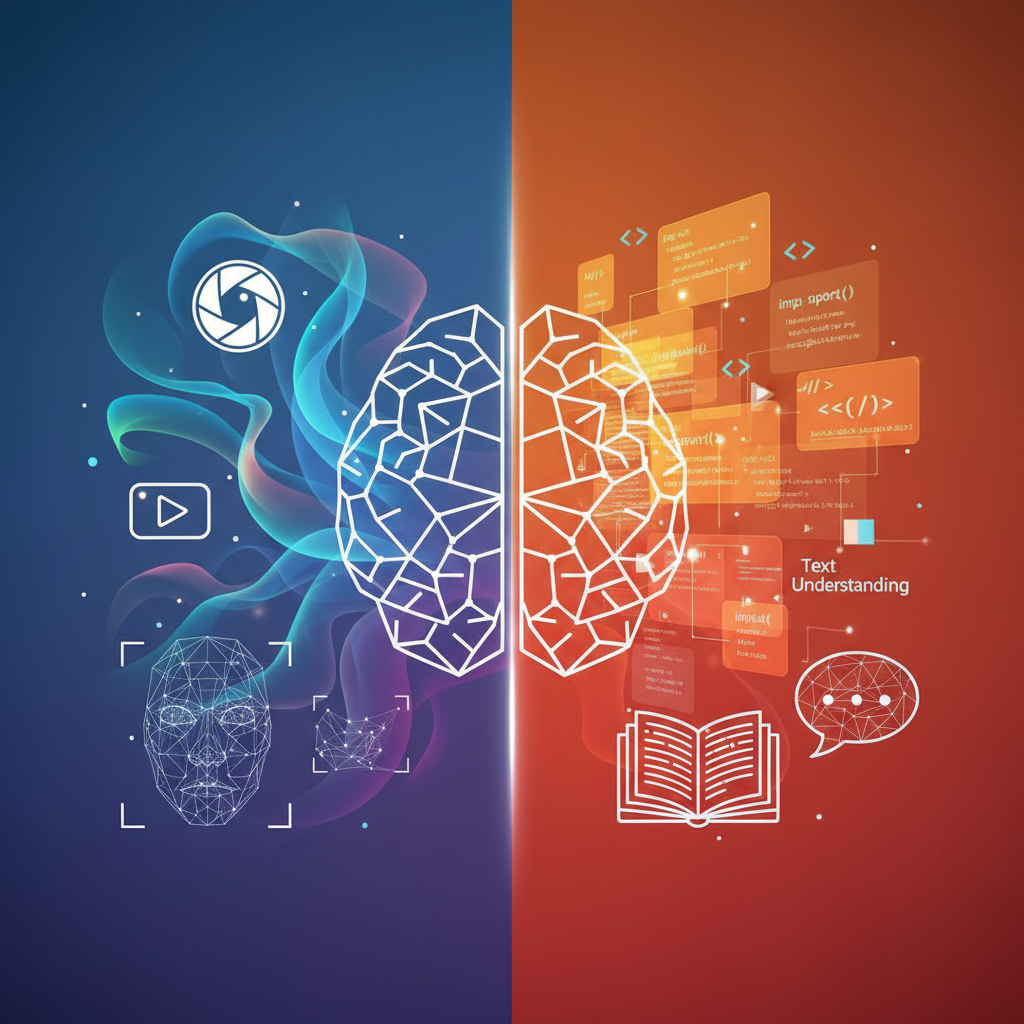 A clear infographic showing a dual concept of AI, one side representing image and video processing with abstract visual elements, and the other side representing text understanding with code snippets, clean layout, modern design, high contrast, colored background, no text, 1:1 aspect ratio