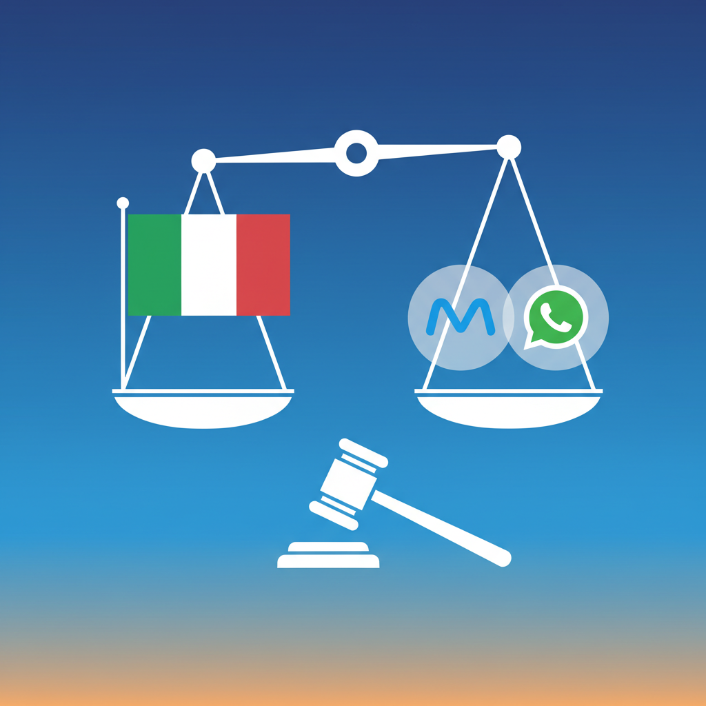 An infographic style image showing a scale with the Italian flag on one side and Meta and WhatsApp logos on the other, representing a legal dispute. Clean infographic, modern layout, high contrast, colored background, no text, 4:3 aspect ratio