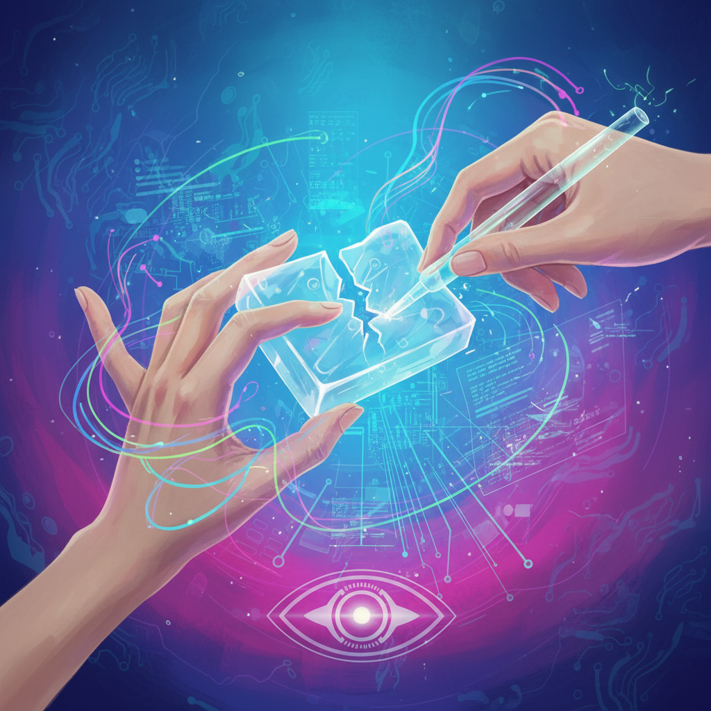 A conceptual image of human hands (Korean appearance) and abstract AI interface elements (glowing lines, subtle digital patterns) working together on a complex repair task, symbolizing collaboration and human oversight, illustration style, artistic rendering, gradient background with tech patterns, no visible text.