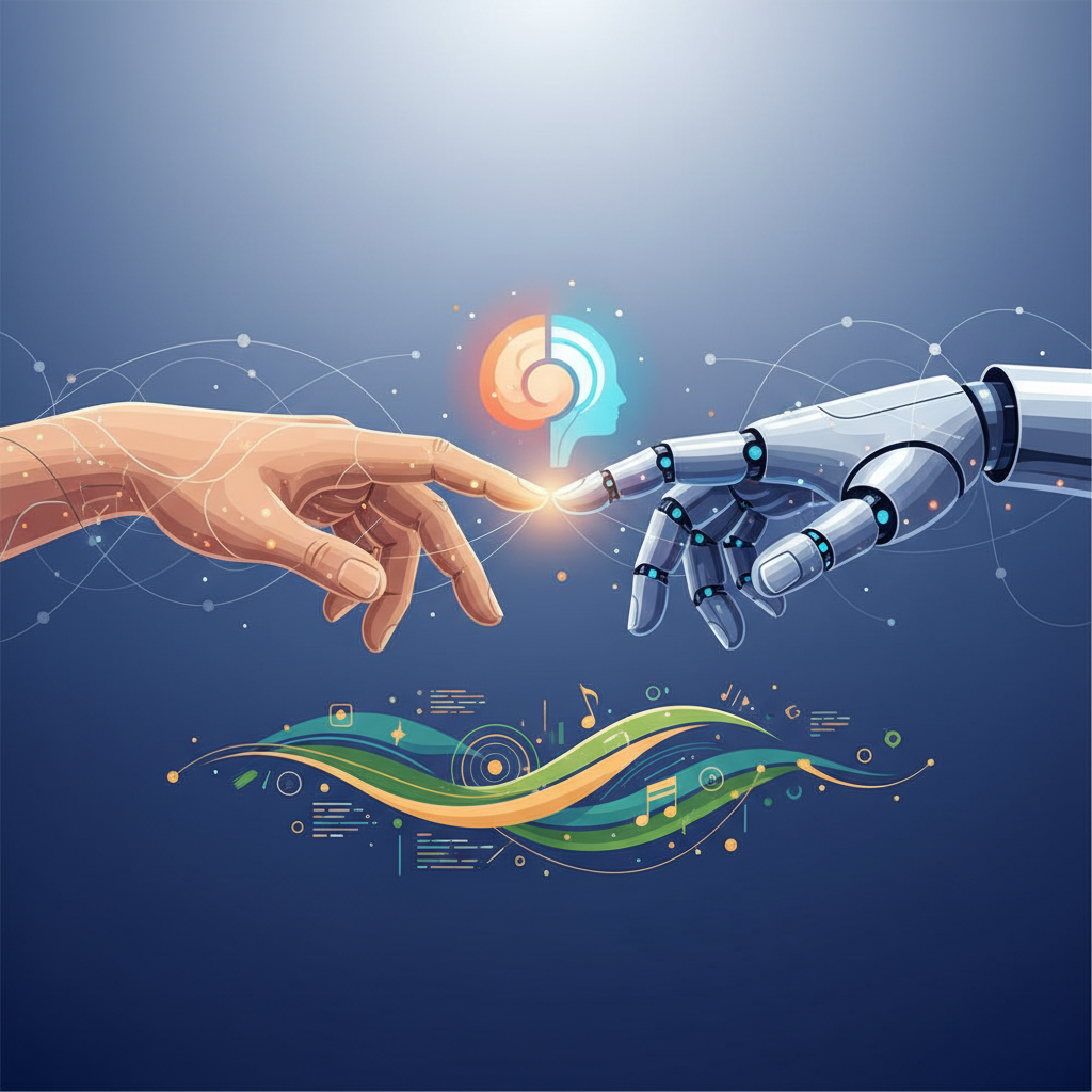 An optimistic and balanced infographic showing human hands and robotic hands gently touching, symbolizing a collaborative and harmonious future between humans and AI in creative fields. Style: clean infographic, modern layout, high contrast. No text.