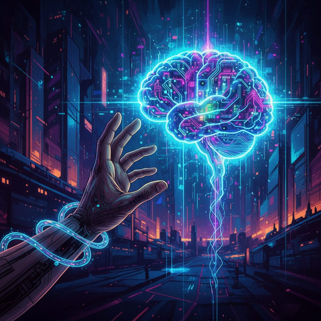 Illustration, artistic rendering, textured background. A human hand reaching out towards a glowing, abstract AI brain, but the AI brain has tendrils that are subtly wrapping around the human arm, suggesting a loss of control. Dark, futuristic setting. Colored background, minimal empty space, bright, balanced lighting. No visible text.