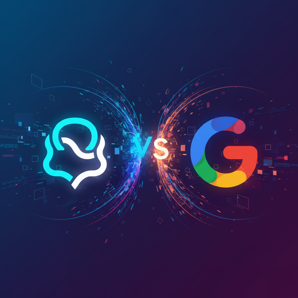 A dynamic infographic depicting two major AI companies, OpenAI and Google, represented by their logos (ChatGPT and Gemini 3 symbols). They are locked in a futuristic, high-stakes competition, with abstract data streams and glowing lines illustrating the intense technological race. The background is a gradient of deep blues and purples, signifying innovation and complexity. No text on the image.