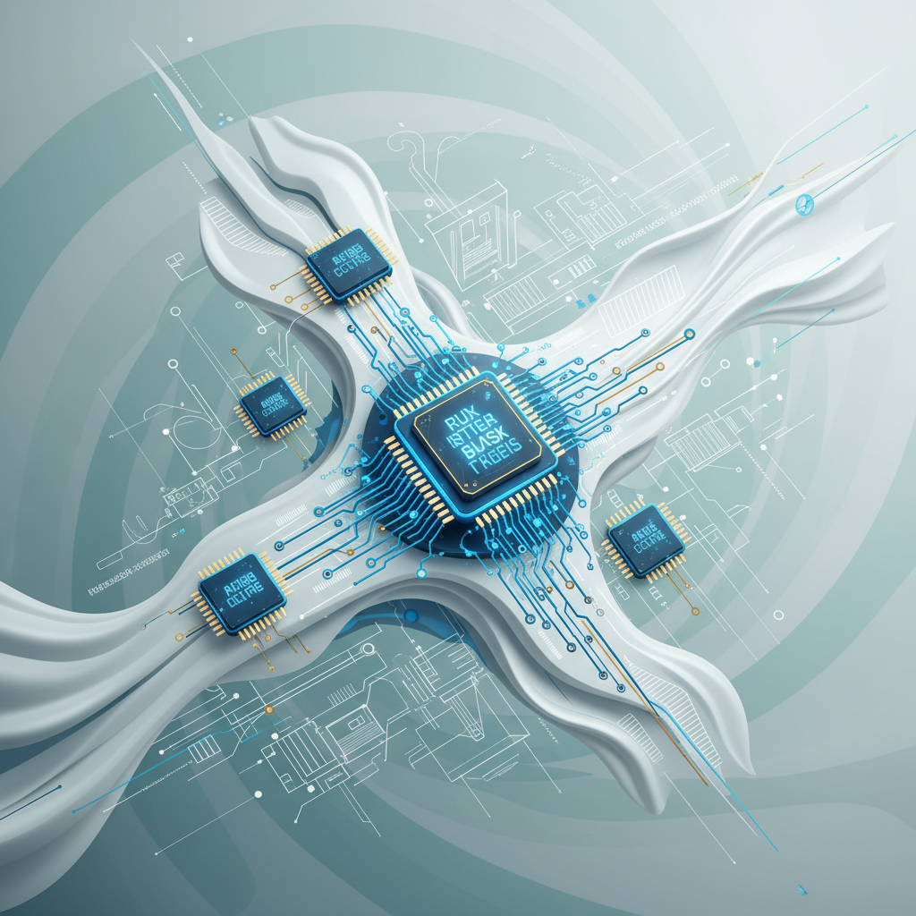Abstract illustration of interconnected AI chips and elegant design sketches merging together. Focus on the concept of intelligence as a new design material. Style: clean infographic, modern layout, high contrast. The background features a subtle, swirling pattern of light gray and teal. No visible text, centered focus, visually rich, no empty margins, bright, balanced lighting.