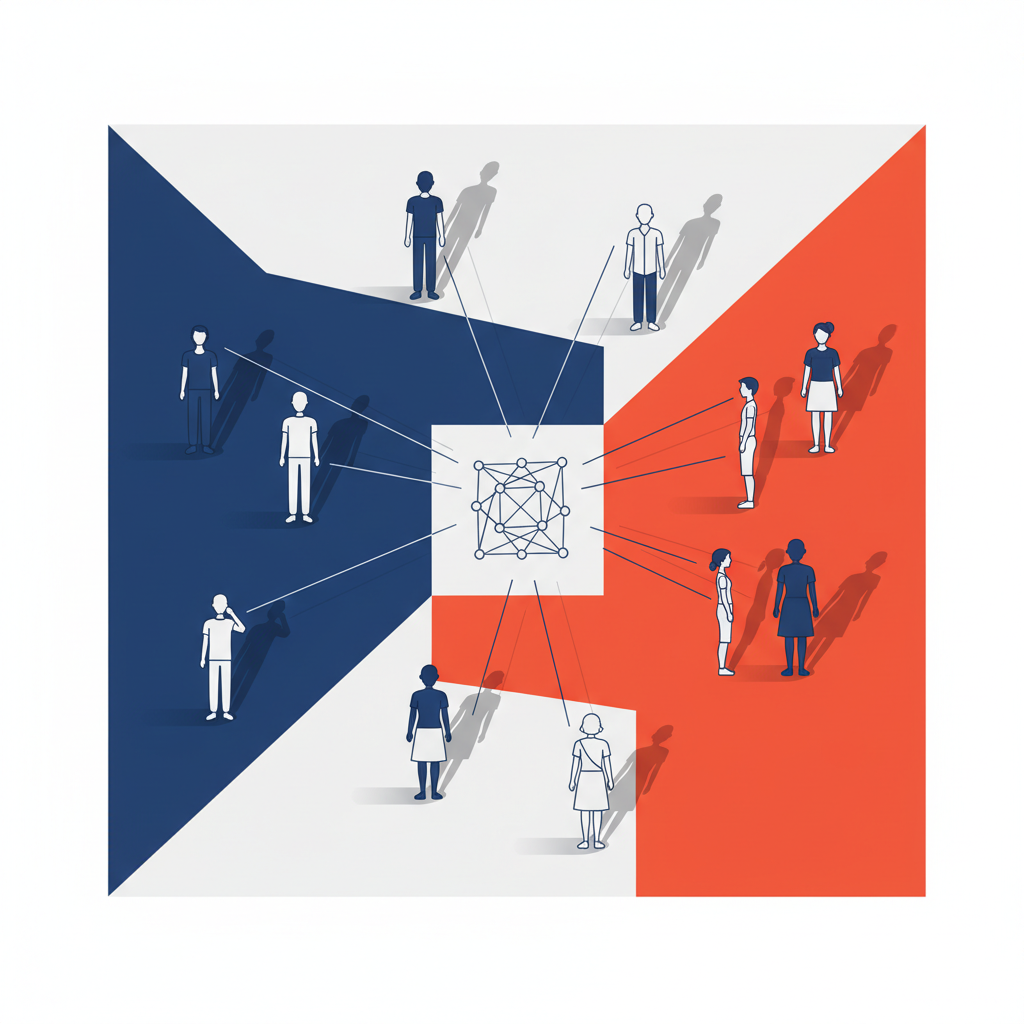 An abstract, clean infographic showing the concept of AI bias. Diverse human figures (Korean appearance) are represented in a subtle way, with skewed lines or shadows indicating inherent biases in the AI system. The background is a modern, high-contrast gradient. Style: clean infographic, modern layout, high contrast. No visible text in image.