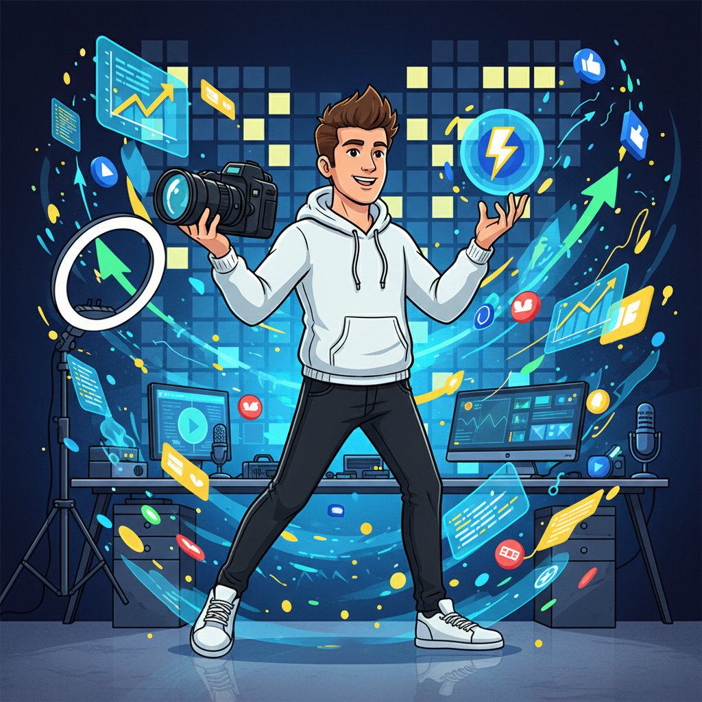 A dynamic scene showing a popular YouTuber creating engaging content with a camera and props, surrounded by vibrant digital elements and a modern studio setup, clean infographic style, high contrast, no text, 4:3 aspect ratio.