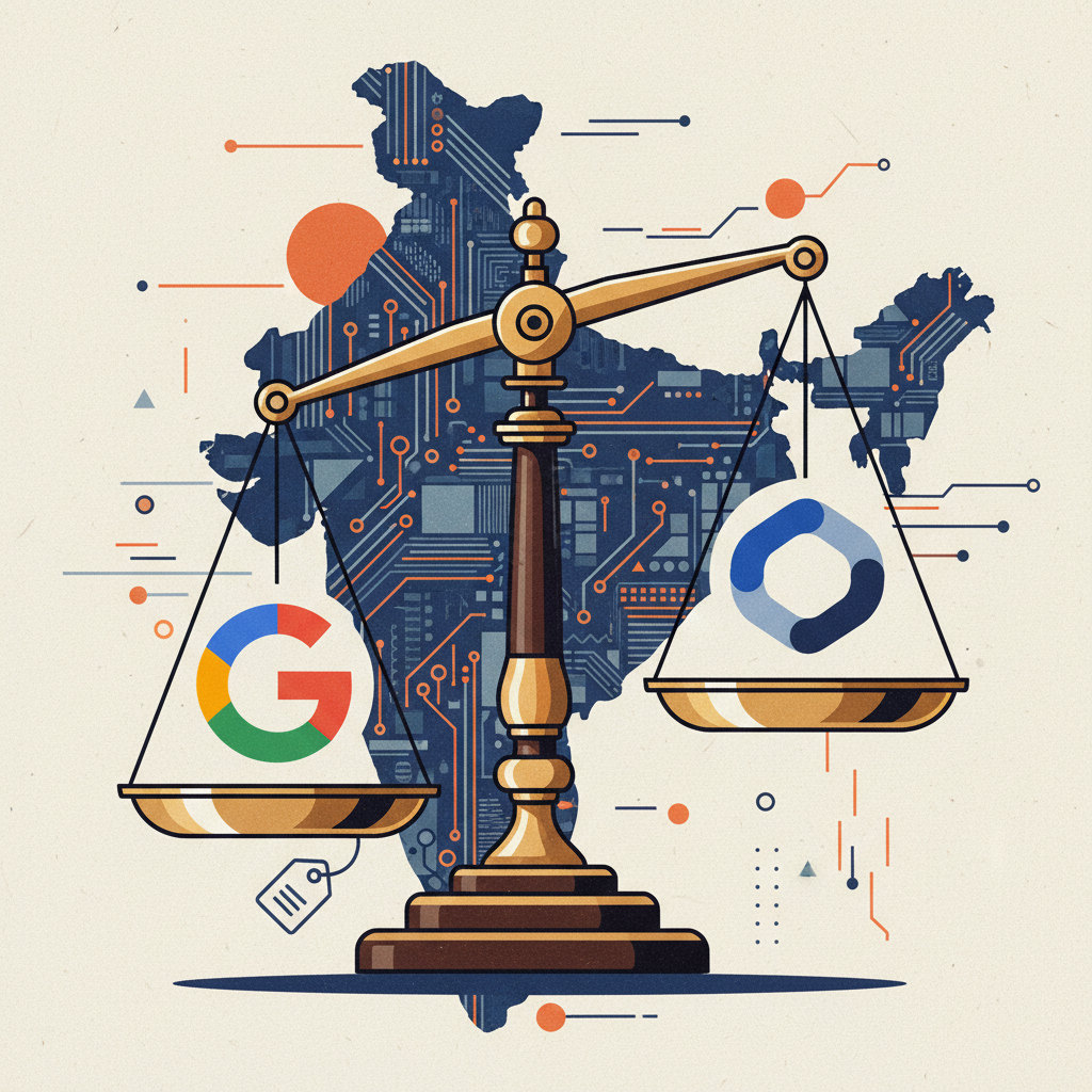 A dynamic illustration showing a competitive AI market in India, two distinct AI logos (representing Google and OpenAI) on a weighing scale, with Google's side slightly lower, symbolizing a lower price point. Clean infographic style, high contrast, textured background, no visible text.