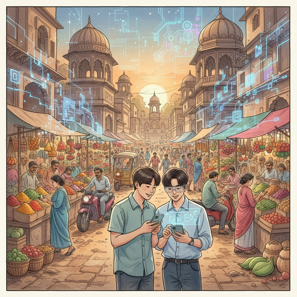 An illustration depicting the diverse and bustling Indian market scene, with subtle AI-related motifs in the background, like abstract neural network patterns. The foreground shows Korean people looking at mobile devices. Artistic rendering, warm lighting, natural setting, no visible text.
