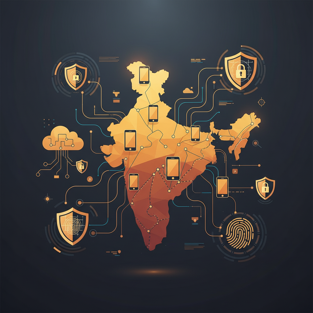 Clean infographic showing the Indian smartphone market with digital security concepts. Stylized network lines connecting devices and security shields. Style: clean infographic, modern layout, high contrast, warm lighting. No visible text.