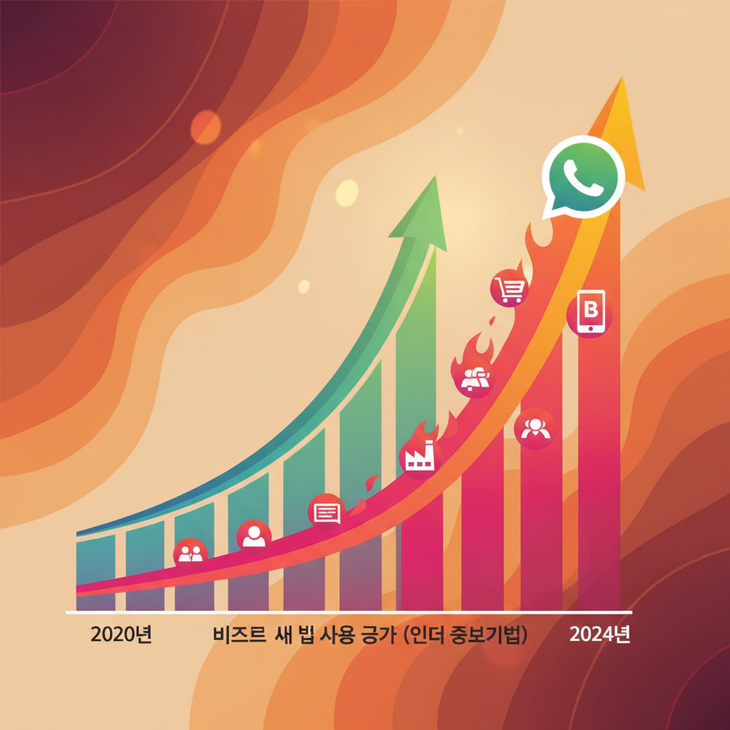 A stylized, vibrant infographic-style image illustrating the significant growth of WhatsApp Business app usage among small and medium-sized businesses in the Indian market, contrasting with general user growth. Clean layout, high contrast, warm lighting, rich colored background, no text in the image. Korean appearance.