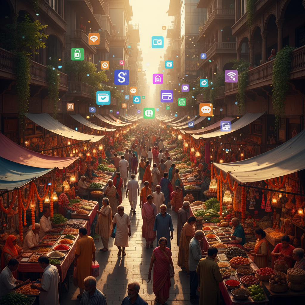 An overhead view of a bustling, modern Indian marketplace with various digital payment icons floating above people's heads, colorful and dynamic, depicting a blend of traditional and digital commerce, warm lighting, 4:3 aspect ratio, no visible text.