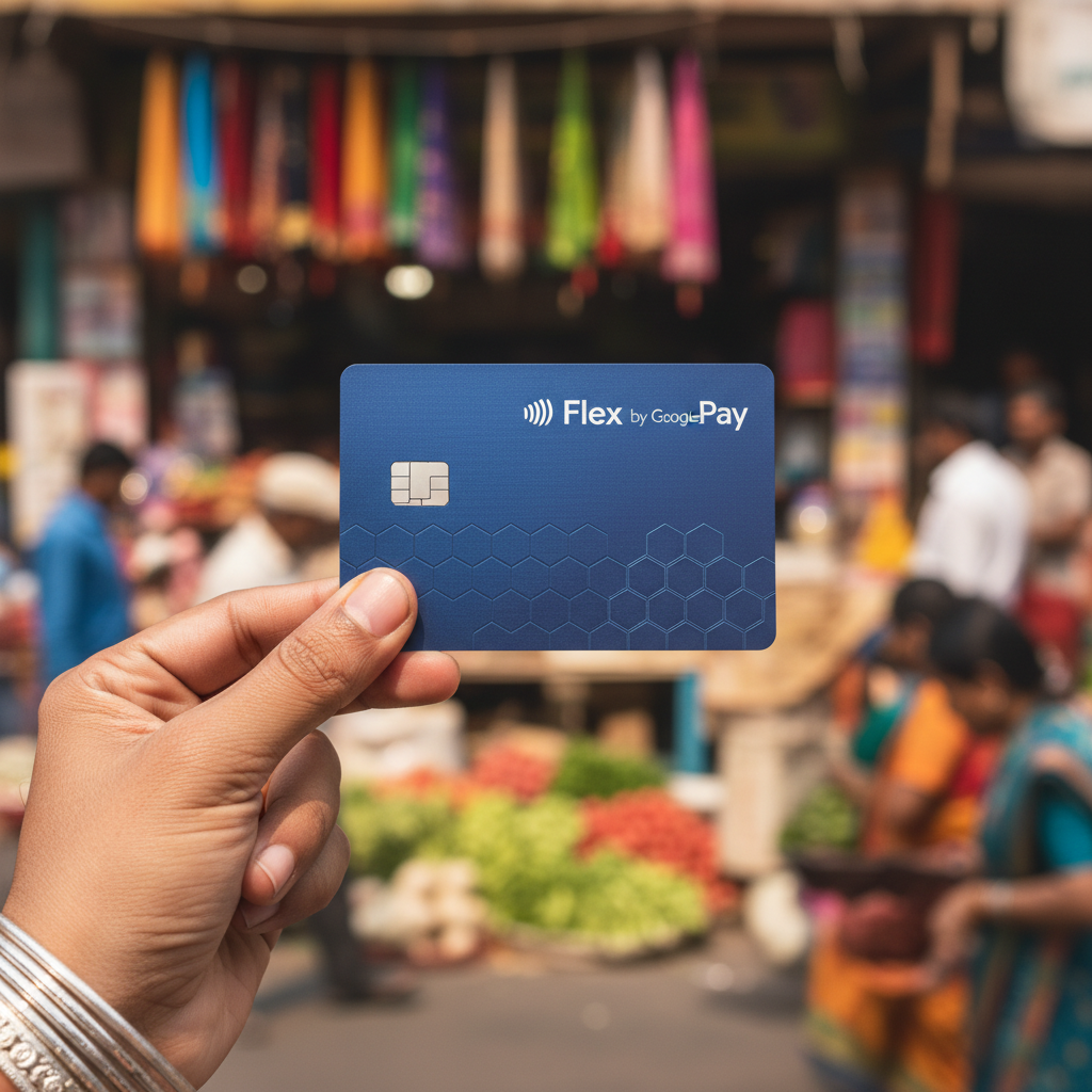 A close-up shot of a modern, sleek credit card with "Flex by Google Pay" branding, held by a hand with an Indian appearance, against a vibrant Indian market background, bright balanced lighting, 1:1 aspect ratio, no text on the card except branding.