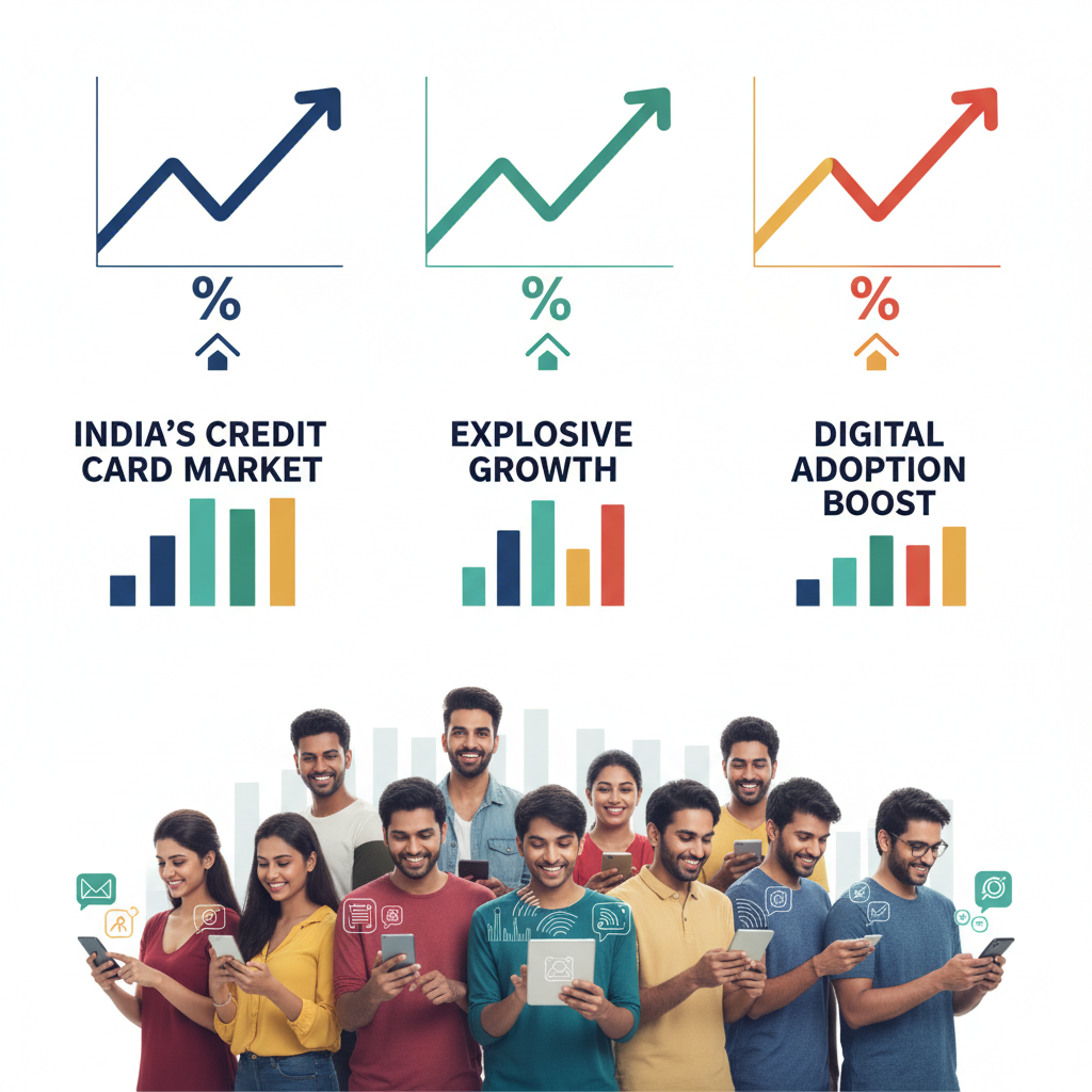 A clean infographic showing upward trending graphs and statistics related to India's credit card market growth, with a diverse group of Indian people using mobile payment apps in the background, modern layout, high contrast, 4:3 aspect ratio, no visible text or numbers on graphs.