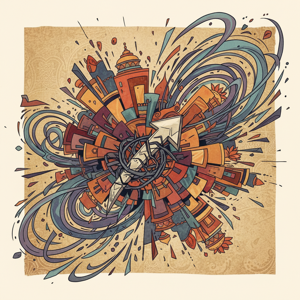 A dynamic illustration showing a challenging business environment, with abstract elements representing market shifts and competition, focused on an Indian context, textured background, no text, illustration, artistic rendering