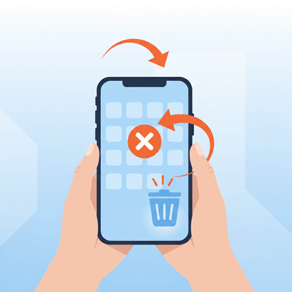 Clean infographic showing a smartphone screen with an app icon being removed, symbolizing policy reversal. Modern layout with high contrast, light blue and orange color scheme. Clear focus on the action of uninstalling/removing. No visible text. Korean appearance hands.