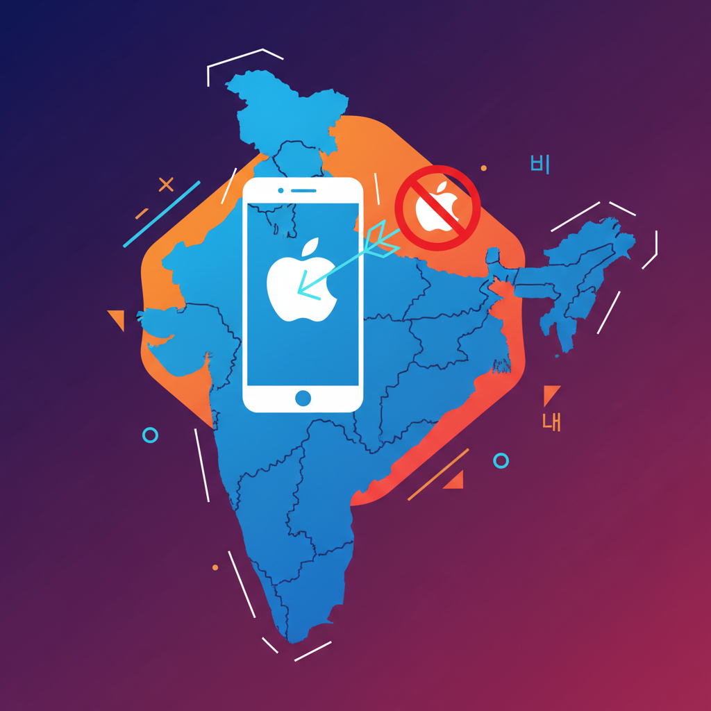 A stylized infographic showing a map of India with a smartphone icon, an arrow pointing to an Apple logo with a "NO" symbol. Emphasize the conflict between government mandate and corporate refusal. Style: clean infographic, modern layout, high contrast, colored background. No text, Korean appearance.