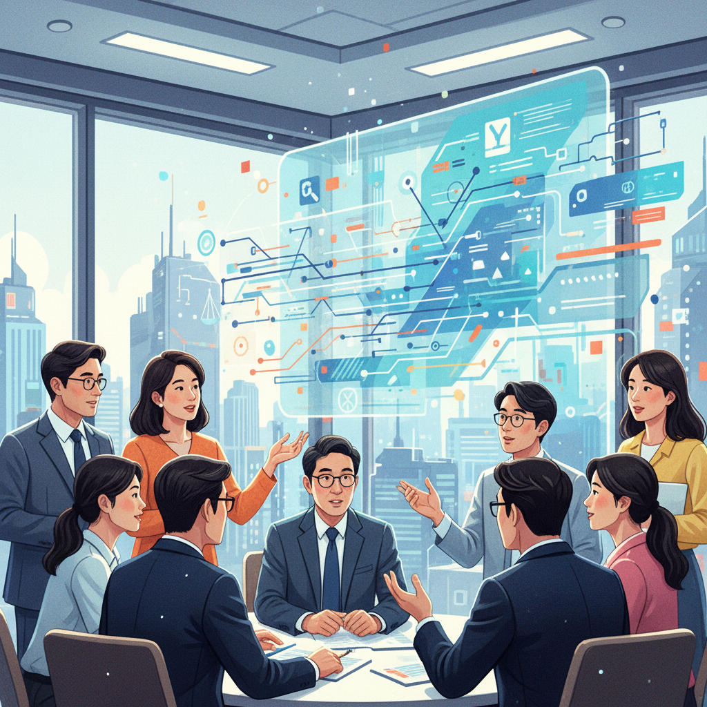 A dynamic, modern illustration of policy experts and digital advocates discussing India's new digital regulations in a conference room setting. Emphasize complex data flows and regulatory frameworks in the background, with focused Korean individuals in the foreground. Artistic rendering, textured background, bright lighting, no visible text.