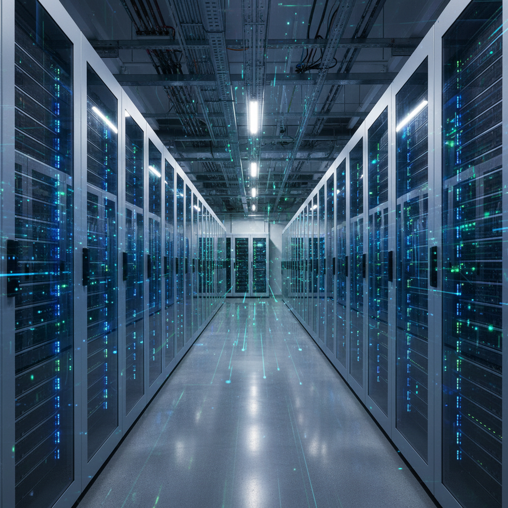Interior view of a massive, clean data center with rows of server racks, blue and green lighting, deep textured background, no text.