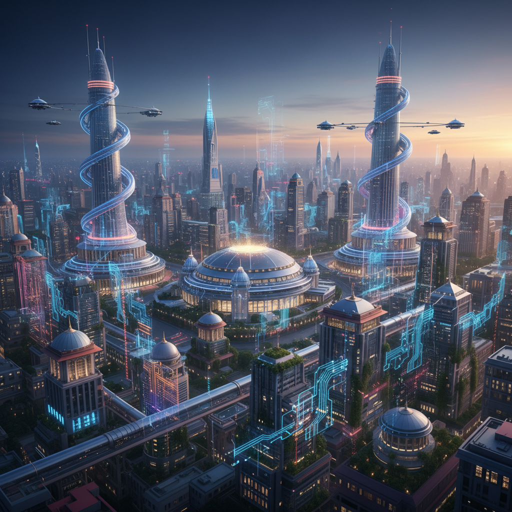 A futuristic cityscape of India with subtle holographic elements depicting AI circuits and data streams, bright lighting, gradient background, no text.