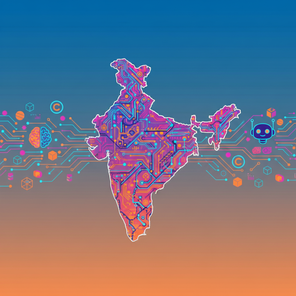 A vibrant illustration showing a stylized map of India with AI symbols and copyright icons flowing into it, on a gradient blue and orange background, clean infographic style, high contrast, no text.