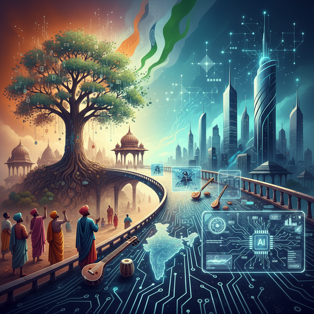 A symbolic image of India's growth and technological advancement with AI elements, a bridge between traditional and modern, dynamic composition, rich colored background, no text.