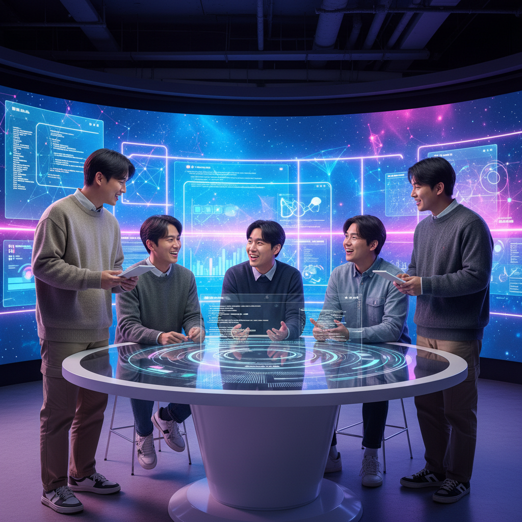 Diverse group of young Korean-looking developers collaborating in a modern tech hub setting, subtle AI interface elements in the background, vibrant colored background, natural expression, no text.