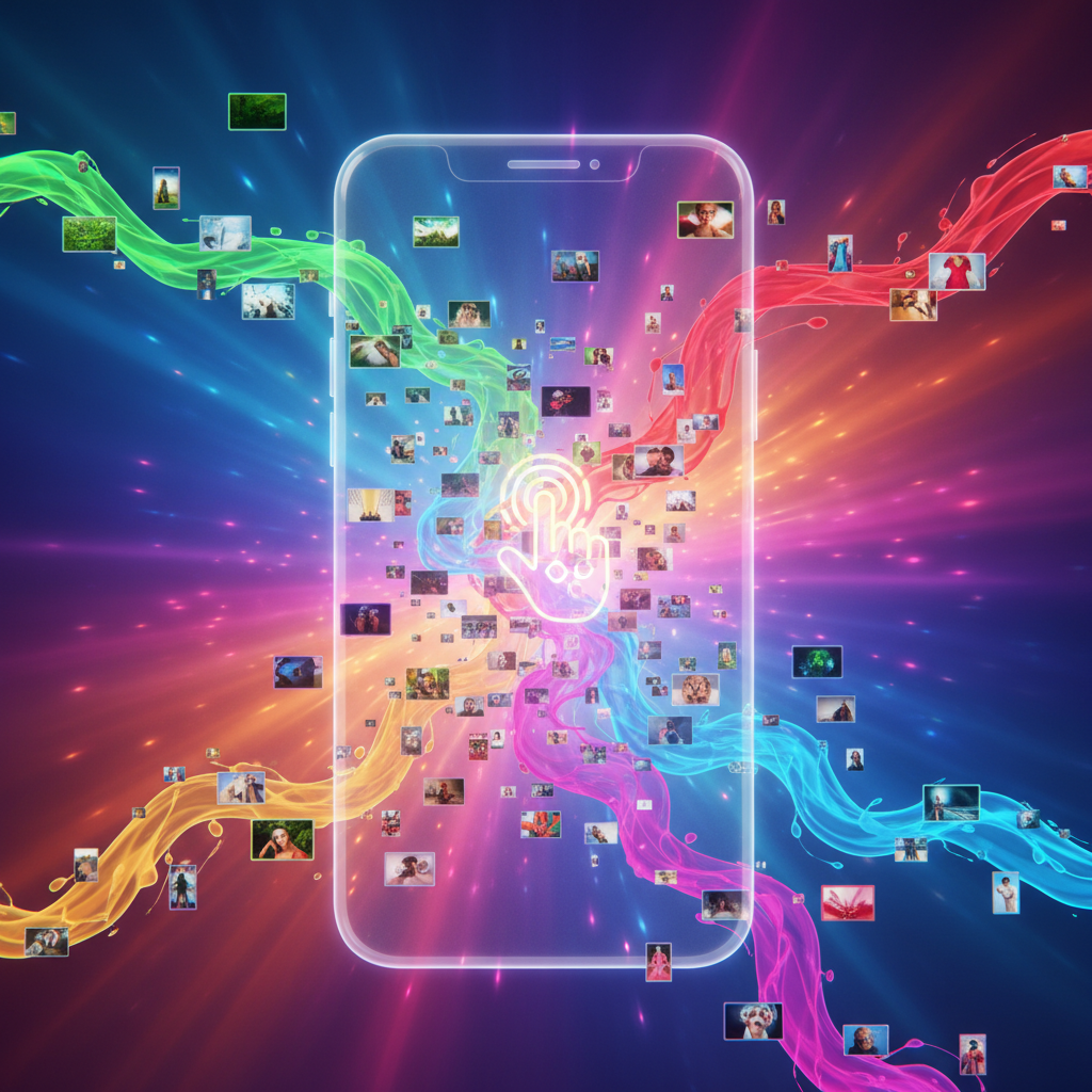 A conceptual image showing the future of Instagram, with personalized content streams flowing into a smartphone screen. The style is an artistic rendering with a vibrant, gradient background, focusing on smart customization and user control, no text.