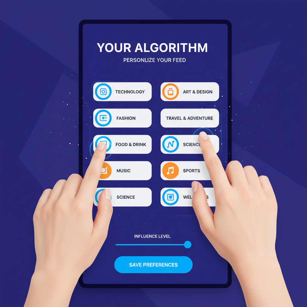 A modern user interface of Instagram's 'Your Algorithm' tool, with a Korean person's hands interacting with topic selection. The scene is depicted in a clean infographic style, with high contrast and a textured background, minimal English-only text on UI elements, no Korean text.