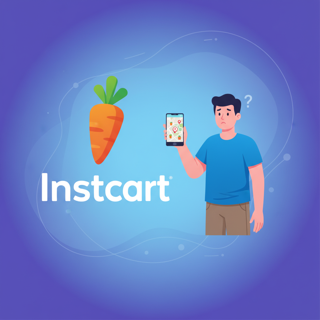 Instacart logo with a confused Korean customer holding a smartphone, clean infographic style, high contrast, gradient background, no text, 4:3 aspect ratio