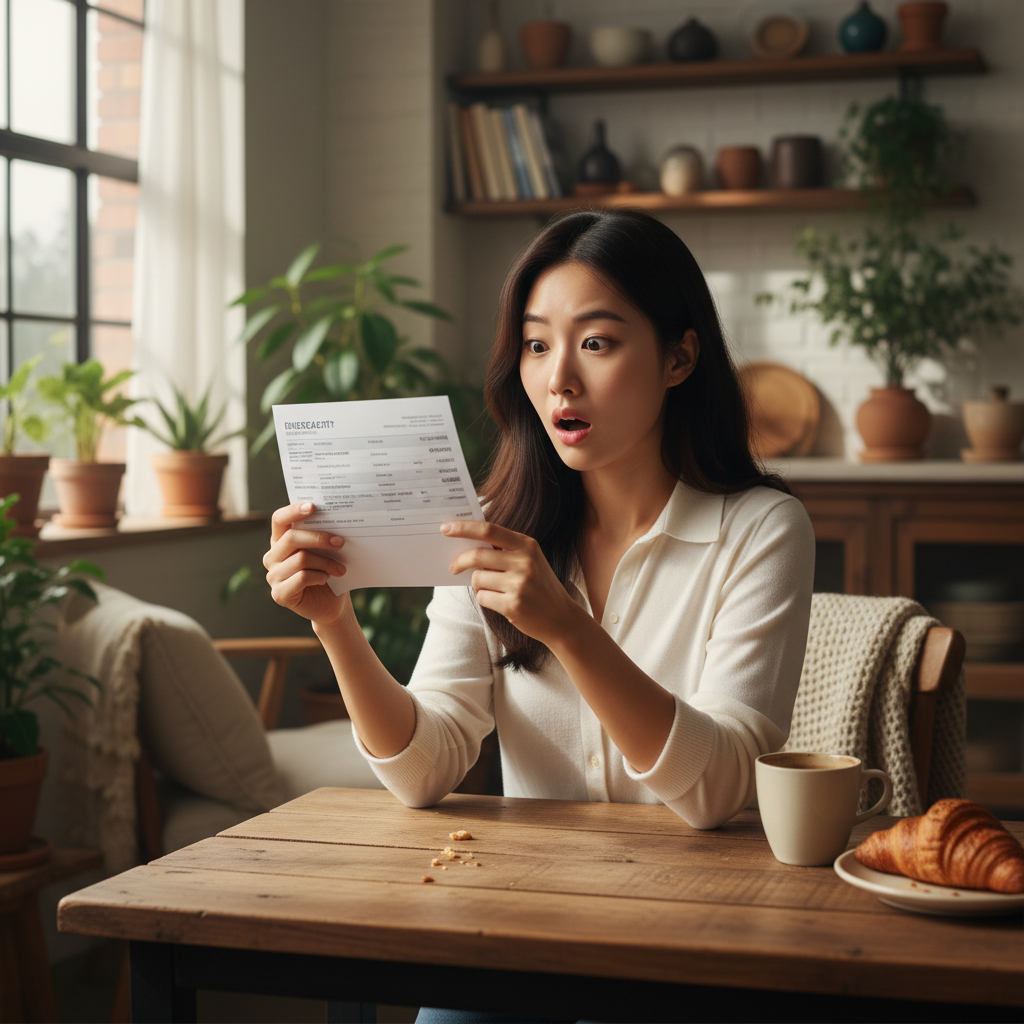 A surprised Korean consumer looking at a credit card statement, indicating unexpected Instacart+ membership charges, lifestyle photography, warm lighting, natural setting, rich background, no text
