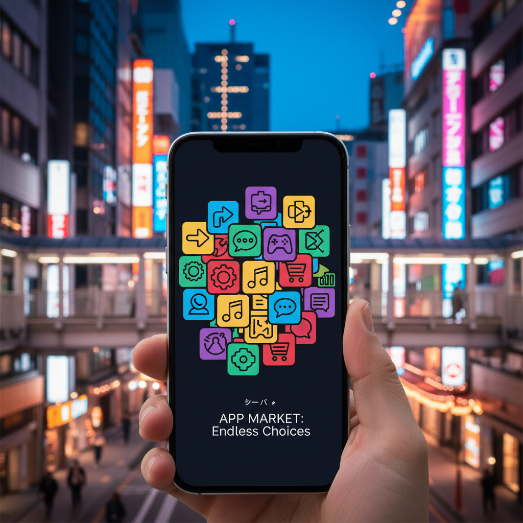 A diverse array of app store icons on a smartphone screen representing competition and choice in a vibrant urban Japanese setting clean infographic style high contrast