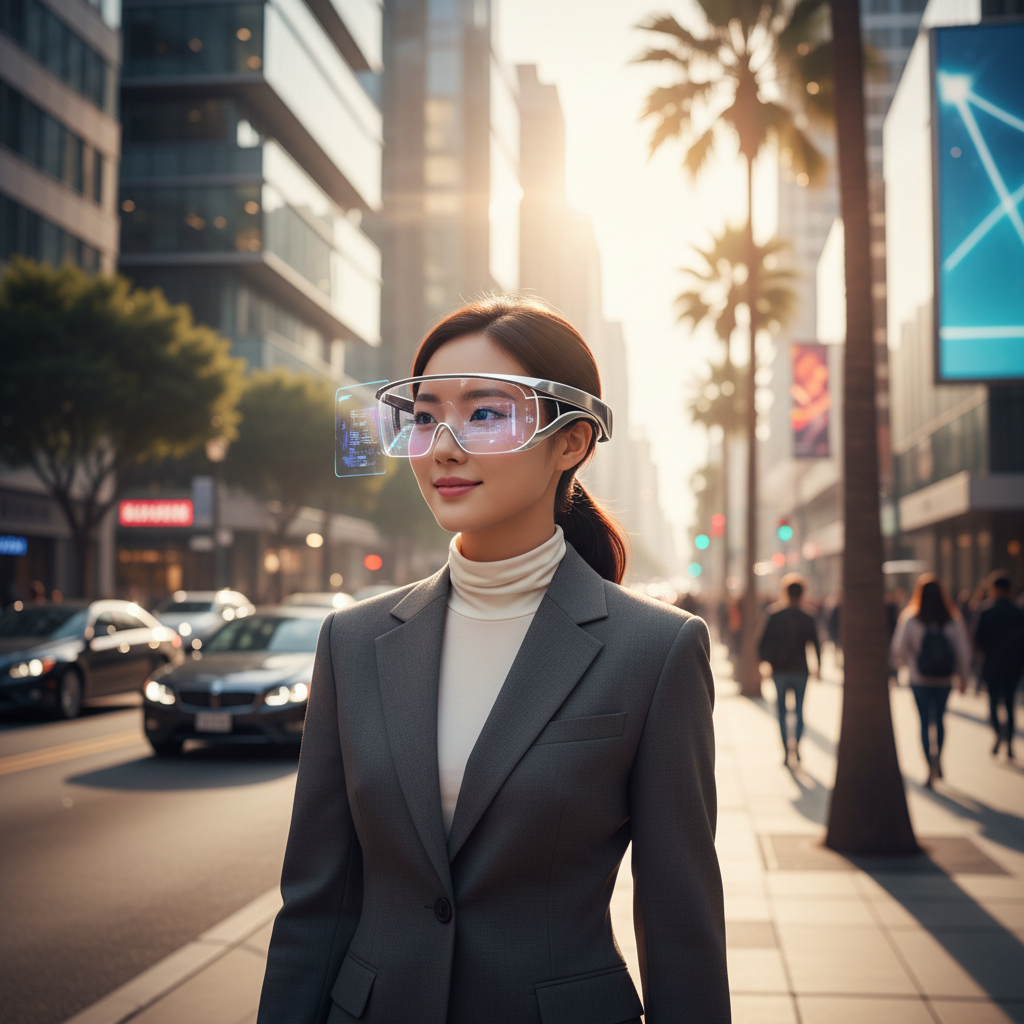 A Korean woman wearing sleek, modern AI glasses in a bright, natural urban setting, warm lighting, dynamic city background with blurred elements, no text.