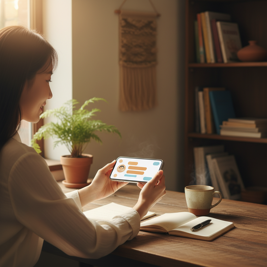 Lifestyle photography of a Korean person using a smartphone with an AI chat interface, showing convenience and integration into daily tasks. Warm lighting, natural setting, textured background, no visible text.
