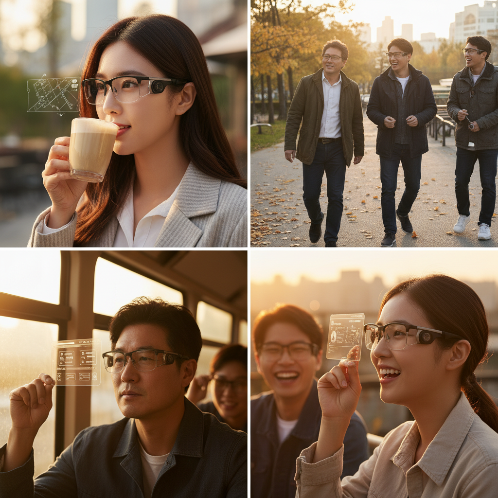 Korean people wearing different types of smart eyewear in various daily scenarios, lifestyle photography, warm lighting, natural setting, no text