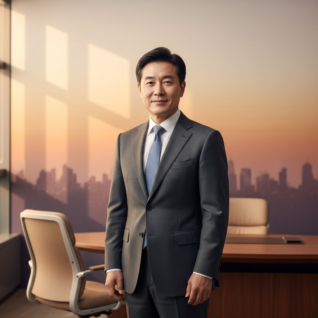 A Korean male CEO in his 40s or 50s, confident expression, standing in a modern office environment, warm lighting, gradient background, professional setting, no text