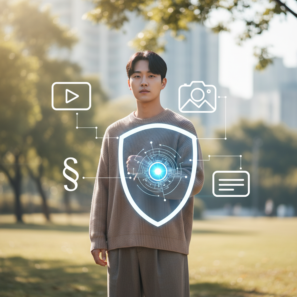 A Korean person standing protectively in front of various digital content icons (video, image, text), holding a stylized shield, in a lifestyle photography style with soft, balanced lighting and a natural, blurred background, no text.