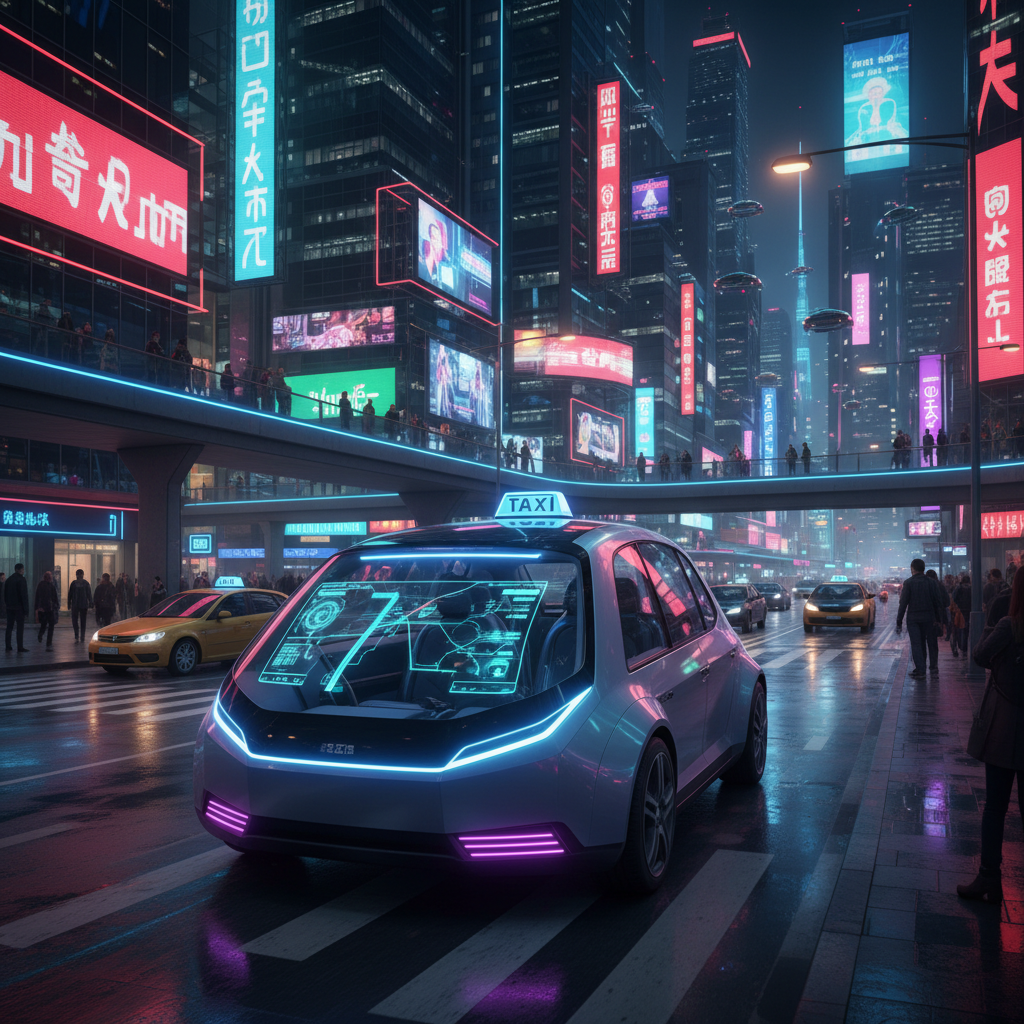 A futuristic autonomous taxi navigating a bustling city street at night, neon lights, busy urban background, advanced tech interface visible, no text