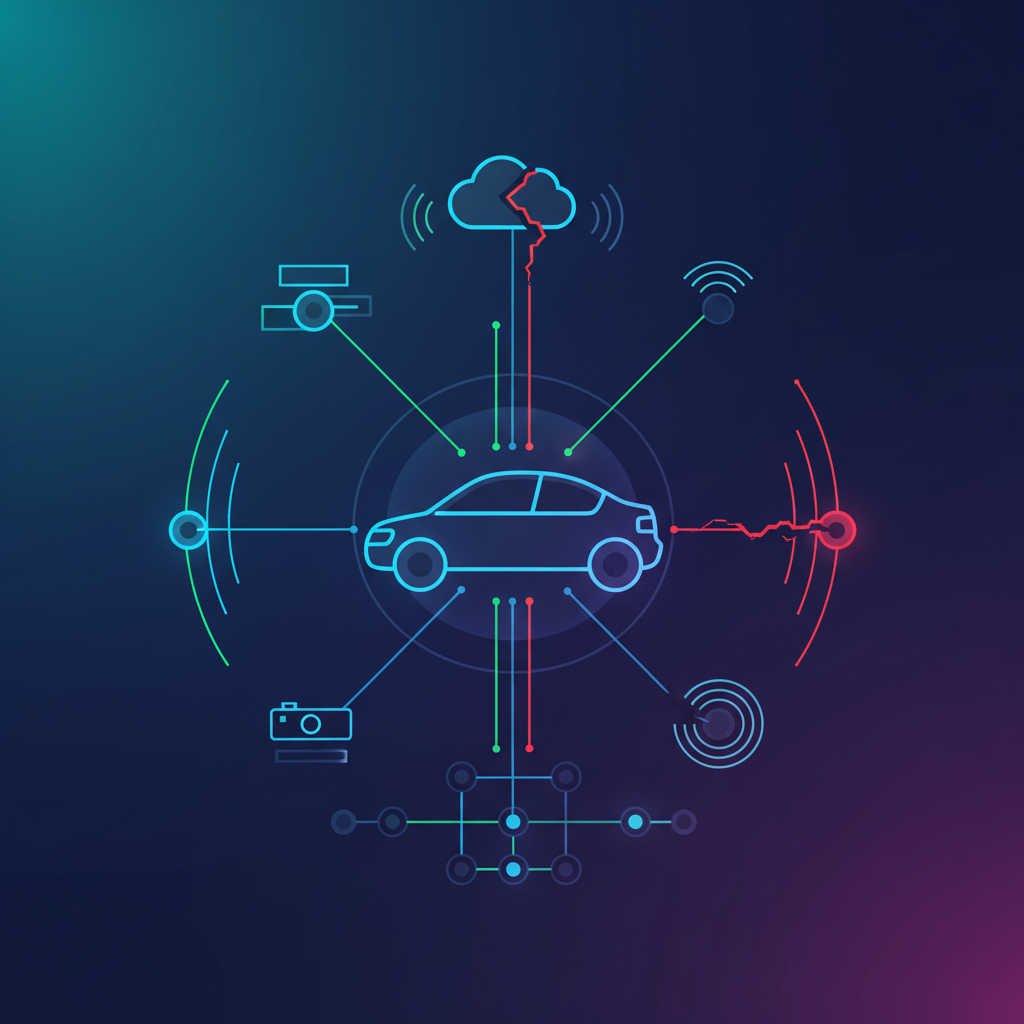 An infographic showing the complex network of sensors, data streams, and communication signals essential for a self-driving car, with some connections highlighted as interrupted, modern layout, clean design, colored background, no visible text, 1:1 aspect ratio, conceptual art style