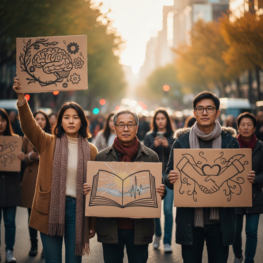 A group of diverse authors peacefully protesting against AI copyright infringement, holding signs with ethical AI text, in a bustling city street, lifestyle photography, warm lighting, natural setting, colored background, Korean appearance, no text, 4:3
