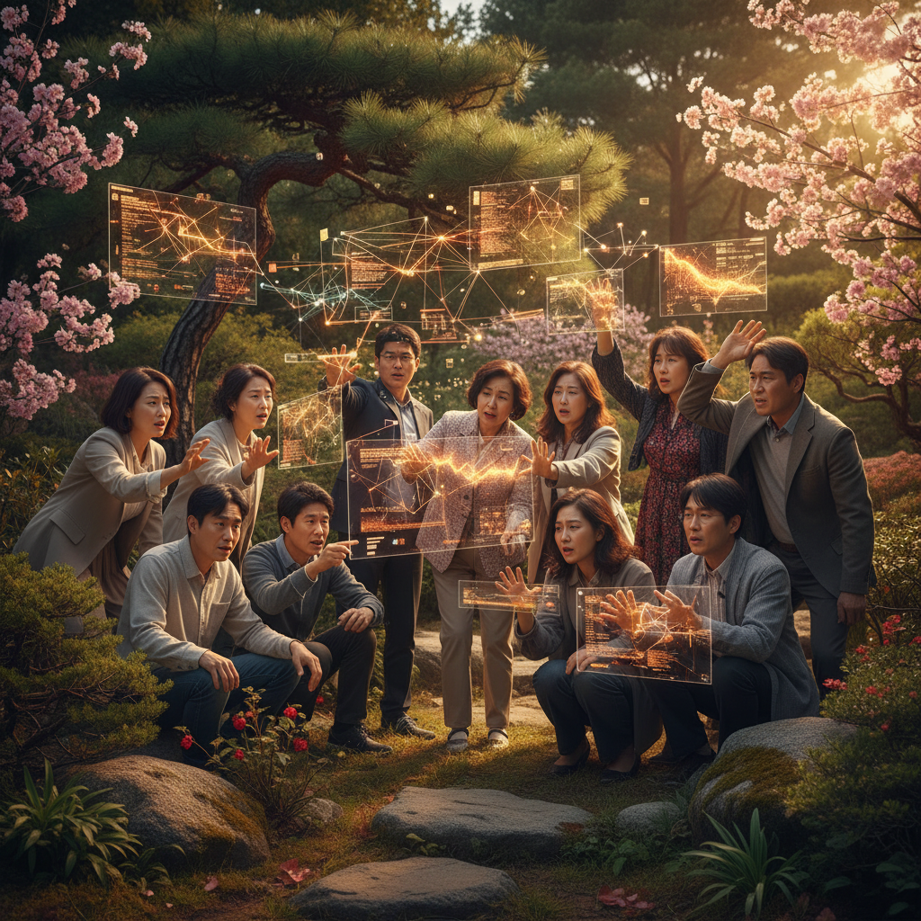 A diverse group of Korean people looking confused and frustrated while interacting with glowing abstract AI interfaces, a visual metaphor for misinformation, warm lighting, natural setting, rich background, no text